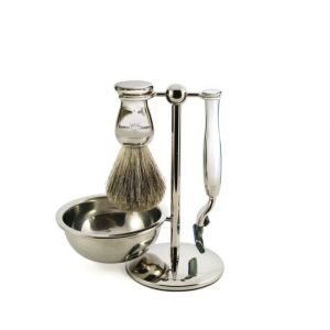 Edwin Jagger Four Piece Set Mach 3 Razor Badger Nickel Stand
